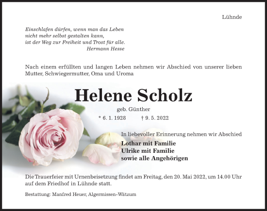 Traueranzeige von Helene Scholz von Hildesheimer Allgemeine Zeitung