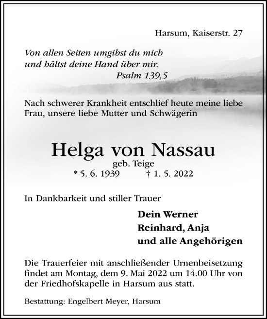 Traueranzeige von Helga von Nassau von Hildesheimer Allgemeine Zeitung