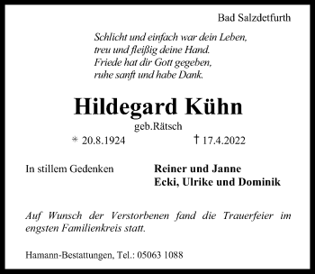 Traueranzeige von Hildegard Kühn von Hildesheimer Allgemeine Zeitung