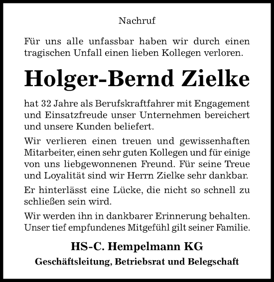 Traueranzeige von Holger-Bernd Zielke von Hildesheimer Allgemeine Zeitung