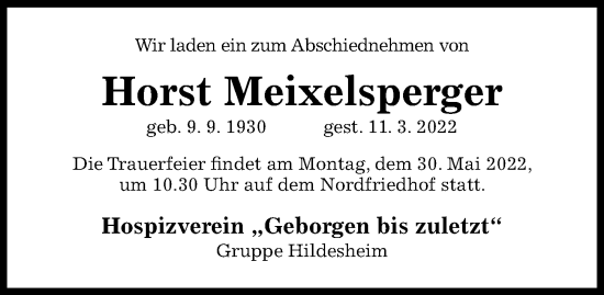 Traueranzeige von Horst Meixelsperger von Hildesheimer Allgemeine Zeitung