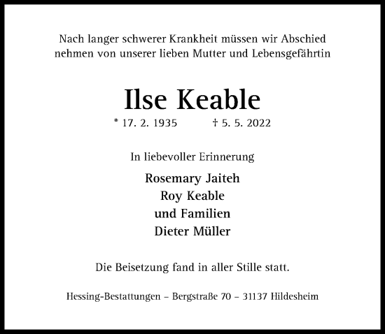 Traueranzeige von Ilse Keable von Hildesheimer Allgemeine Zeitung