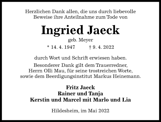 Traueranzeige von Ingried Jaeck von Hildesheimer Allgemeine Zeitung