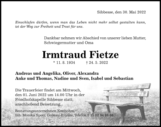 Traueranzeige von Irmtraud Fietze von Hildesheimer Allgemeine Zeitung