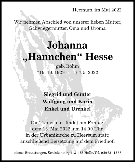 Traueranzeige von Johanna Hesse von Hildesheimer Allgemeine Zeitung