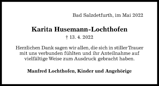 Traueranzeige von Karita Husemann-Lochthofen von Hildesheimer Allgemeine Zeitung
