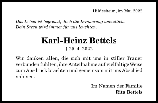Traueranzeige von Karl-Heinz Bettels von Hildesheimer Allgemeine Zeitung