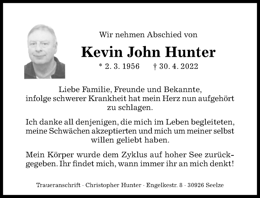  Traueranzeige für Kevin John Hunter vom 21.05.2022 aus Hildesheimer Allgemeine Zeitung