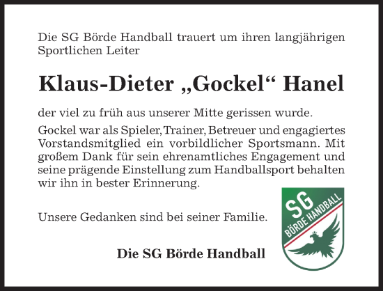 Traueranzeige von Klaus-Dieter Hanel von Hildesheimer Allgemeine Zeitung