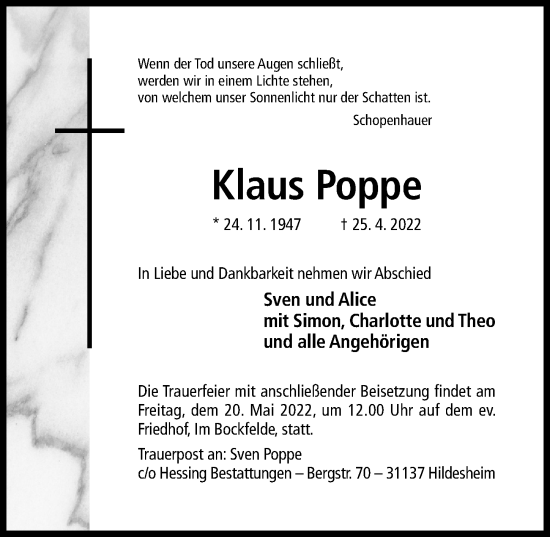 Traueranzeige von Klaus Poppe von Hildesheimer Allgemeine Zeitung