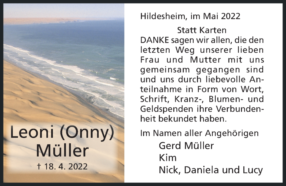  Traueranzeige für Leoni Müller vom 23.05.2022 aus Hildesheimer Allgemeine Zeitung