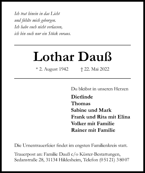 Traueranzeige von Lothar Dauß von Hildesheimer Allgemeine Zeitung