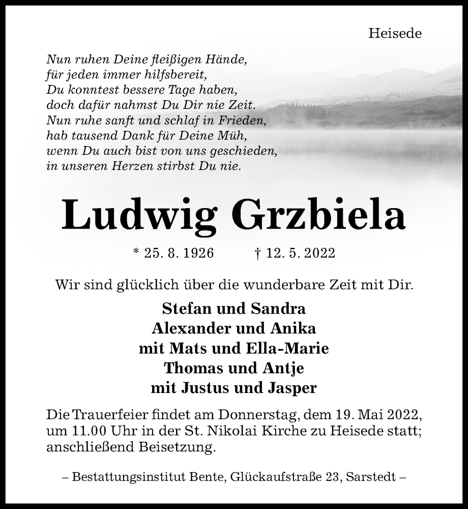  Traueranzeige für Ludwig Grzbiela vom 14.05.2022 aus Hildesheimer Allgemeine Zeitung