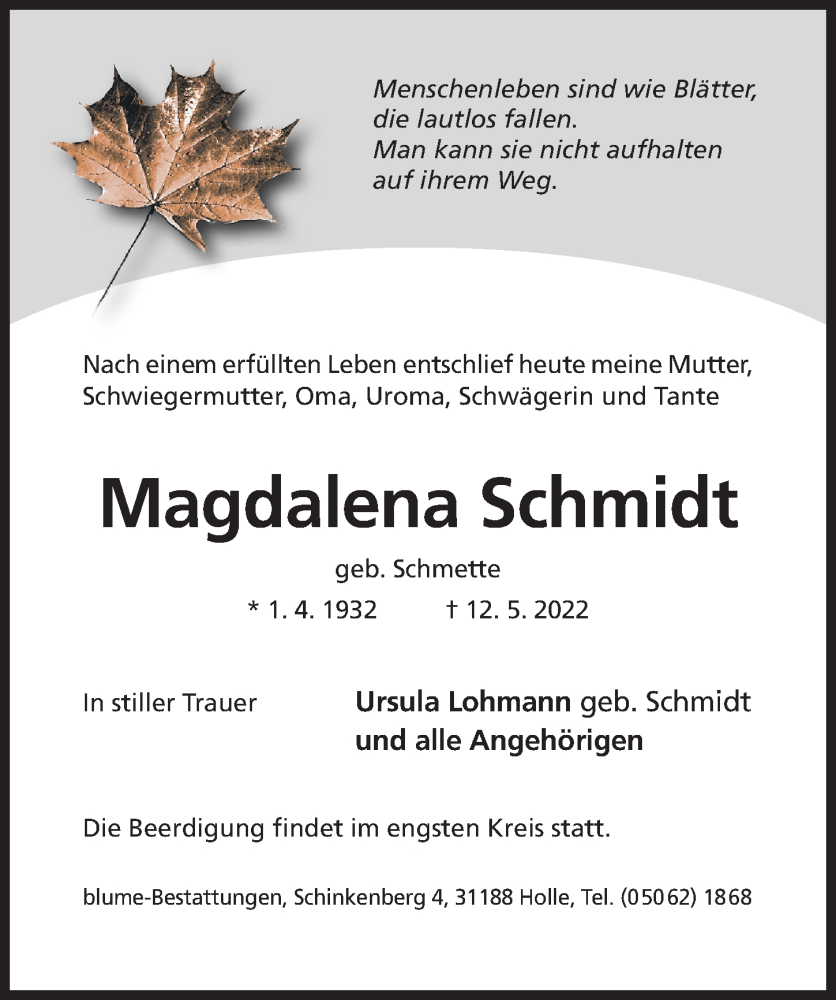  Traueranzeige für Magdalena Schmidt vom 14.05.2022 aus Hildesheimer Allgemeine Zeitung