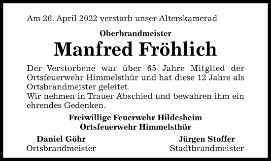 Traueranzeige von Manfred Fröhlich von Hildesheimer Allgemeine Zeitung