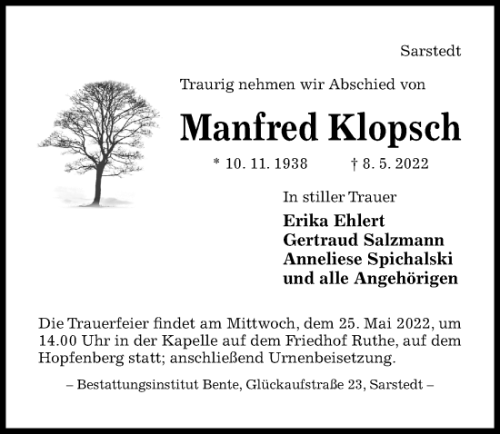 Traueranzeige von Manfred Klopsch von Hildesheimer Allgemeine Zeitung