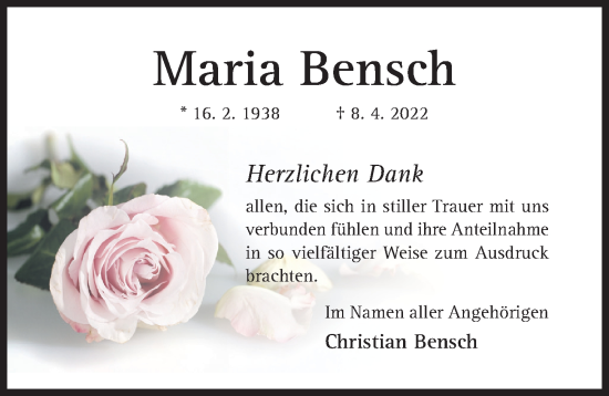 Traueranzeige von Maria Bensch von Hildesheimer Allgemeine Zeitung