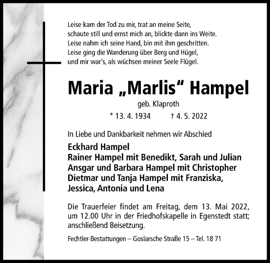 Traueranzeige von Maria Hampel von Hildesheimer Allgemeine Zeitung