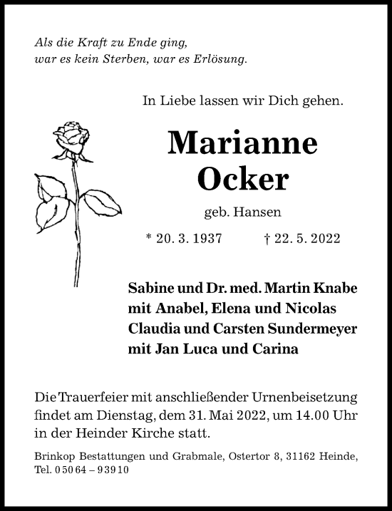 Traueranzeige von Marianne Ocker von Hildesheimer Allgemeine Zeitung