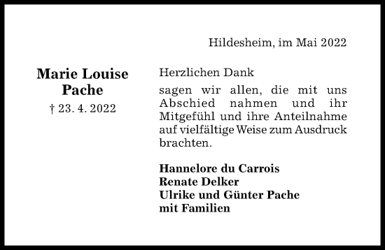 Traueranzeige von Marie Louise Pache von Hildesheimer Allgemeine Zeitung
