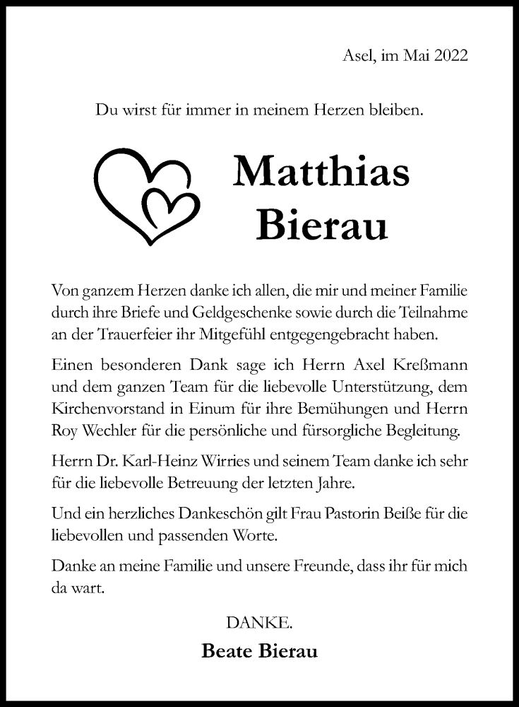  Traueranzeige für Matthias Bierau vom 14.05.2022 aus Hildesheimer Allgemeine Zeitung