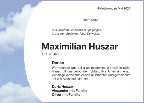 Traueranzeige von Maximilian Huszar von Hildesheimer Allgemeine Zeitung