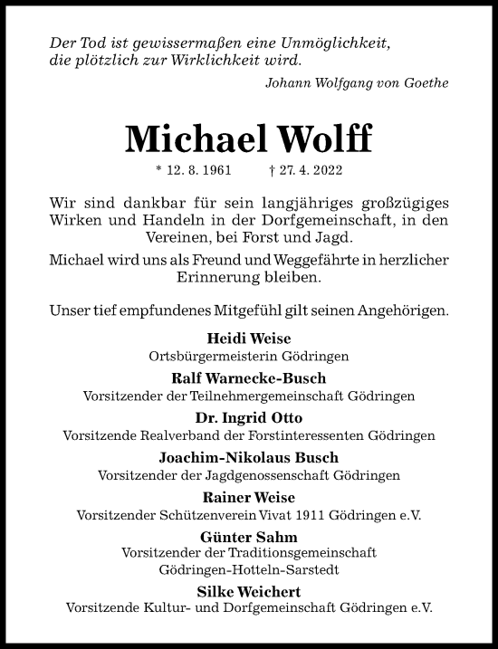 Traueranzeige von Michael Wolff von Hildesheimer Allgemeine Zeitung