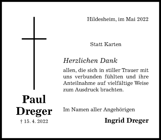 Traueranzeige von Paul Dreger von Hildesheimer Allgemeine Zeitung