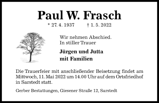 Traueranzeige von Paul W. Frasch von Hildesheimer Allgemeine Zeitung