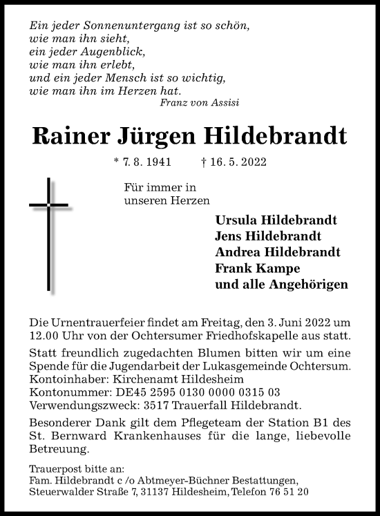 Traueranzeige von Rainer Jürgen Hildebrandt von Hildesheimer Allgemeine Zeitung