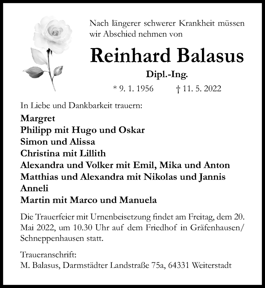  Traueranzeige für Reinhard Balasus vom 14.05.2022 aus Hildesheimer Allgemeine Zeitung
