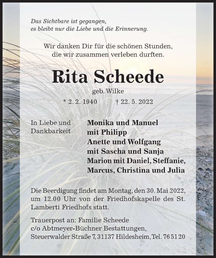  Traueranzeige für Rita Scheede vom 28.05.2022 aus Hildesheimer Allgemeine Zeitung