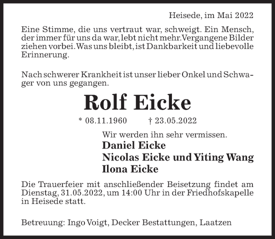 Traueranzeige von Rolf Eicke von Hildesheimer Allgemeine Zeitung