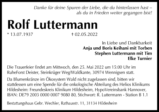 Traueranzeige von Rolf Luttermann von Hildesheimer Allgemeine Zeitung