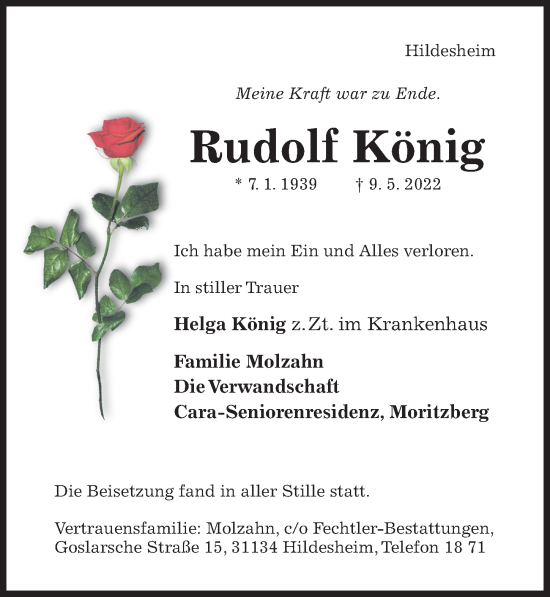 Traueranzeige von Rudolf König von Hildesheimer Allgemeine Zeitung