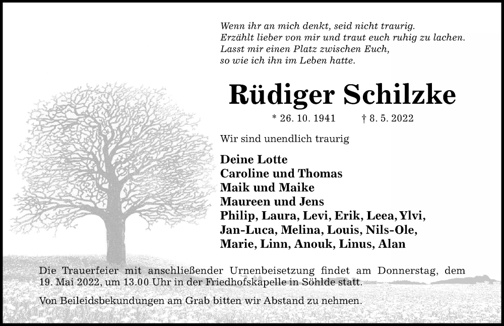  Traueranzeige für Rüdiger Schilzke vom 11.05.2022 aus Hildesheimer Allgemeine Zeitung