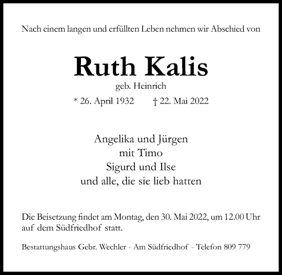 Traueranzeige von Ruth Kalis von Hildesheimer Allgemeine Zeitung