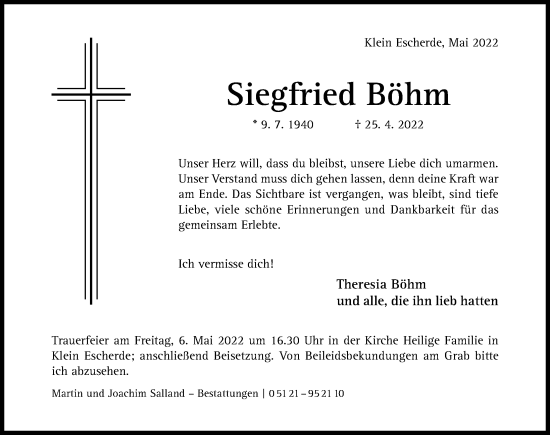 Traueranzeige von Siegfried Böhm von Hildesheimer Allgemeine Zeitung