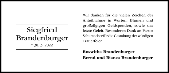 Traueranzeige von Siegfried Brandenburger von Hildesheimer Allgemeine Zeitung