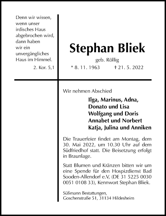 Traueranzeige von Stephan Bliek von Hildesheimer Allgemeine Zeitung