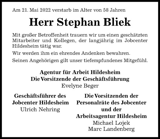 Traueranzeige von Stephan Bliek von Hildesheimer Allgemeine Zeitung