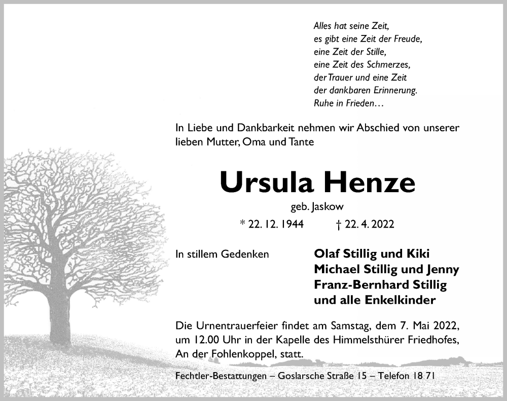  Traueranzeige für Ursula Henze vom 30.04.2022 aus Hildesheimer Allgemeine Zeitung