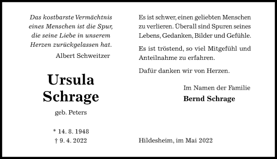 Traueranzeige von Ursula Schrage von Hildesheimer Allgemeine Zeitung