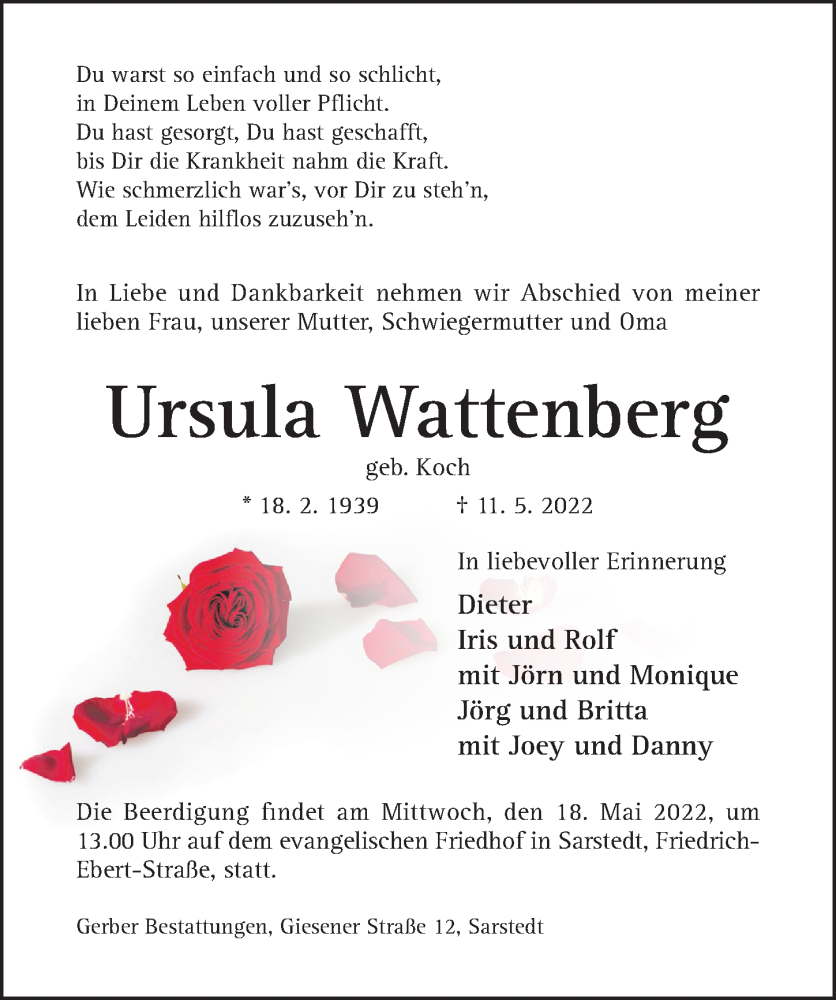  Traueranzeige für Ursula Wattenberg vom 14.05.2022 aus Hildesheimer Allgemeine Zeitung