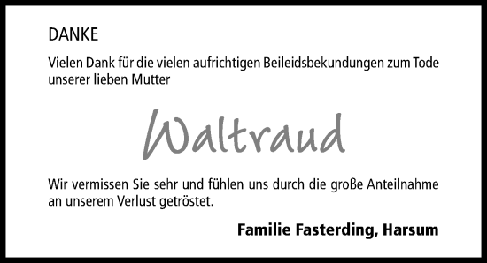 Traueranzeige von Waltraud Fasterding von Hildesheimer Allgemeine Zeitung