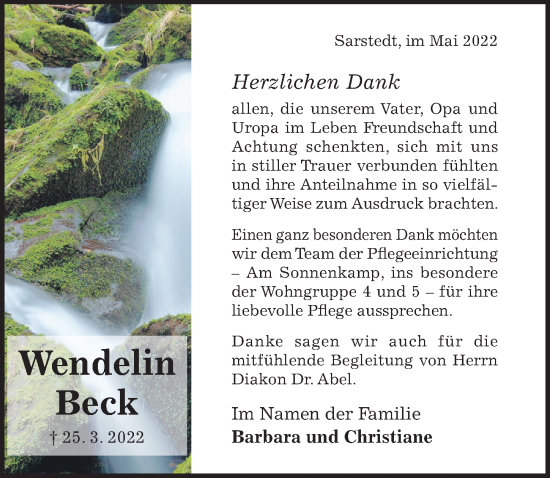 Traueranzeige von Wendelin Beck von Hildesheimer Allgemeine Zeitung