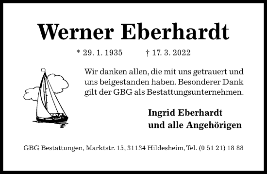 Traueranzeige von Werner Eberhardt von Hildesheimer Allgemeine Zeitung