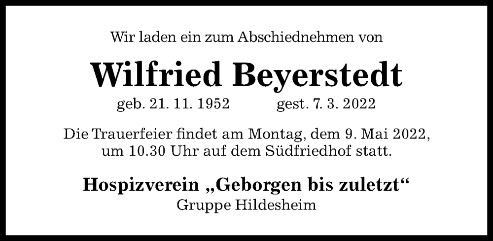  Traueranzeige für Wilfried Beyerstedt vom 07.05.2022 aus Hildesheimer Allgemeine Zeitung