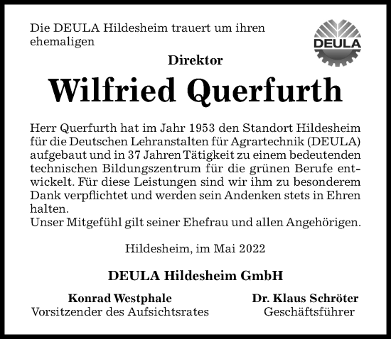 Traueranzeige von Wilfried Querfurth von Hildesheimer Allgemeine Zeitung