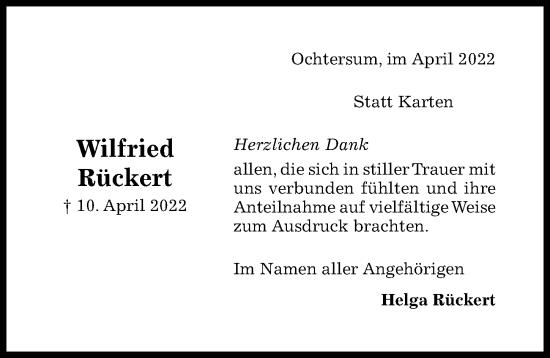 Traueranzeige von Wilfried Rückert von Hildesheimer Allgemeine Zeitung